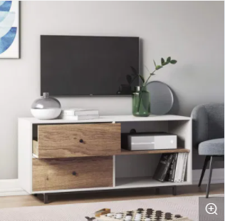 White+Wooden Modern Wood Furniture Oak Finished TV Stand with 2 Open Drawers for Living Room