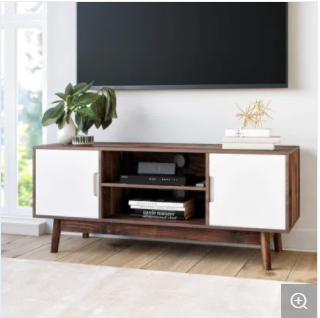 White&Walnut Brown TV Stand Desk with Cabinet Doors